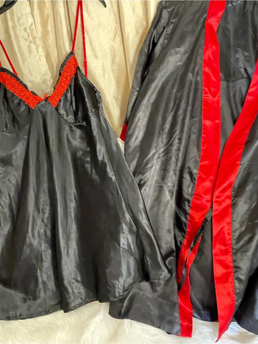Black Satin Robe with Red Trim - Women's Intimates